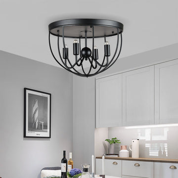 Rustic Black Metal Round Cage Semi Flush Mount Ceiling Light with 4 Candelabra Shaped Lights